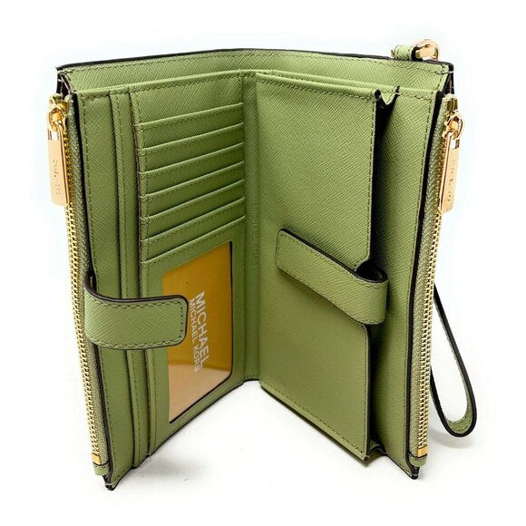 S Michael Kors Jet Set Travel Double-Zip Wristlet Army Green Leather Sage NWT F - Picture 4 of 7